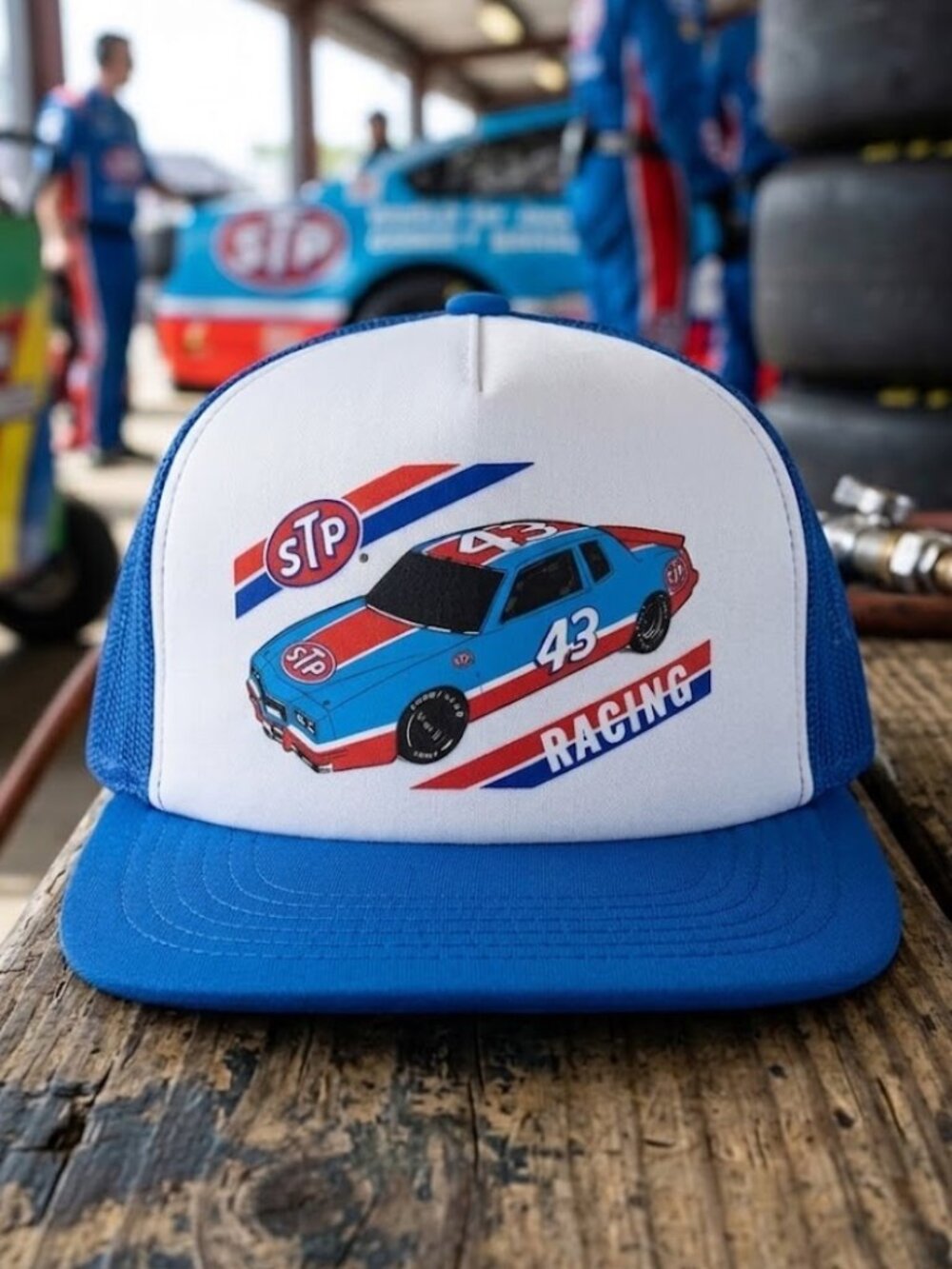 STP Racing 43 Stock Car Printed Blue White Foam Snapback Trucker Hat Petty Retro